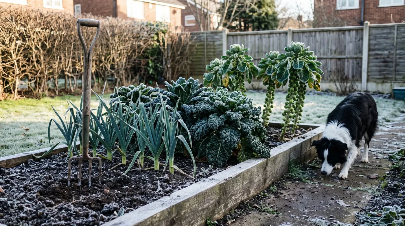 Frosted leeks, curly kale and Brussels sprouts growing in a winter vegetable bed with a dog on the path