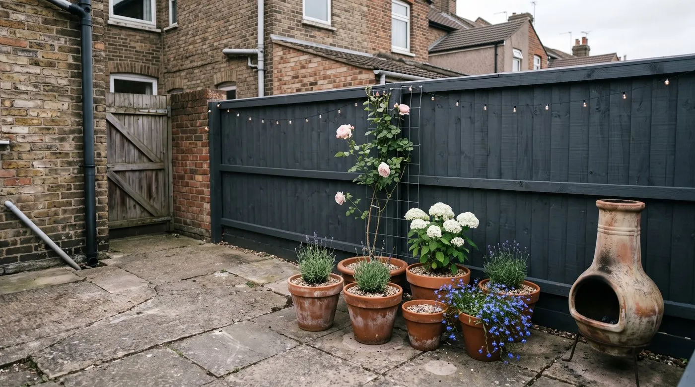 Budget garden transformation of a small concrete yard with a dark grey fence, potted lavender and a chiminea
