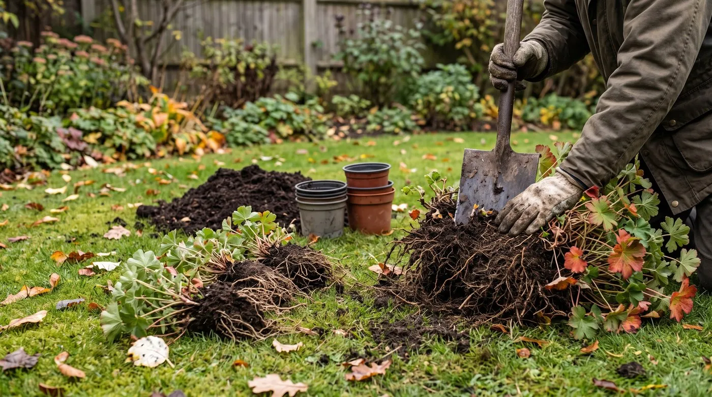 Hardy geranium clump split into several new plants with a spade for a budget garden makeover
