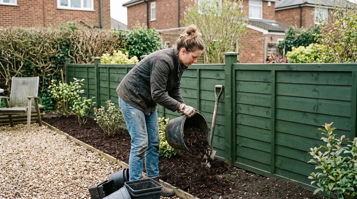 Woman spreading bark mulch on a border beside a freshly painted fence in a budget garden makeover