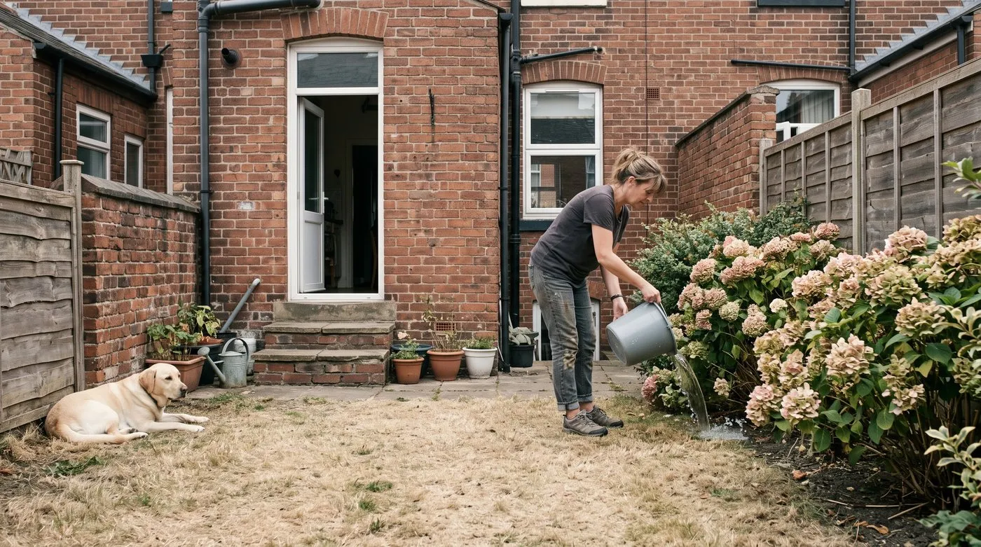 Woman pouring a bucket of used bath water onto a shrub border while a dog rests in the shade