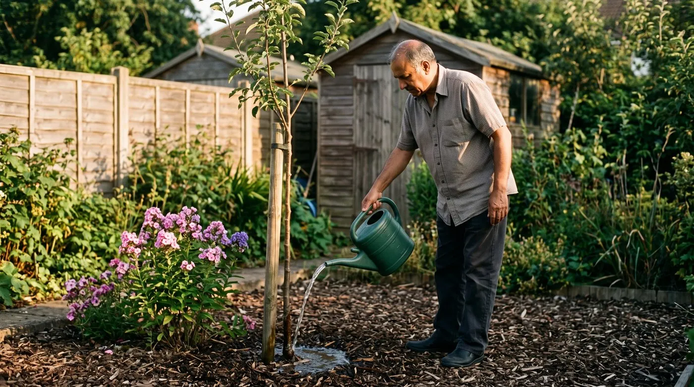 Gardener pouring water slowly at the base of a young tree in the evening from a can without a rose