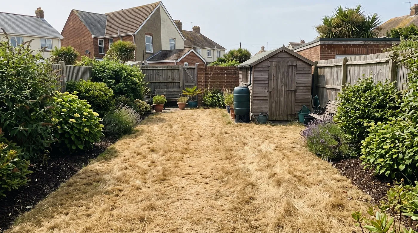 Brown dormant lawn in a dry summer garden surrounded by green mulched borders