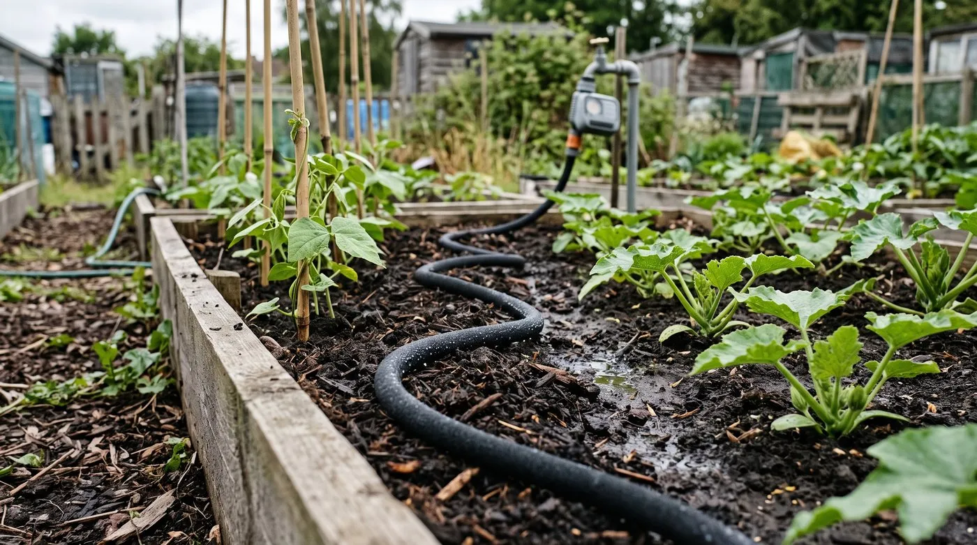Soaker hose snaking over compost mulch between young courgettes and beans in a raised bed