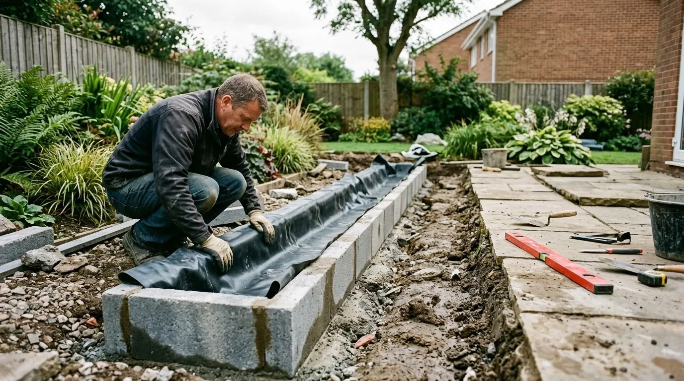 Garden rill under construction showing concrete blockwork channel sides and a black butyl liner being fitted in a suburban garden