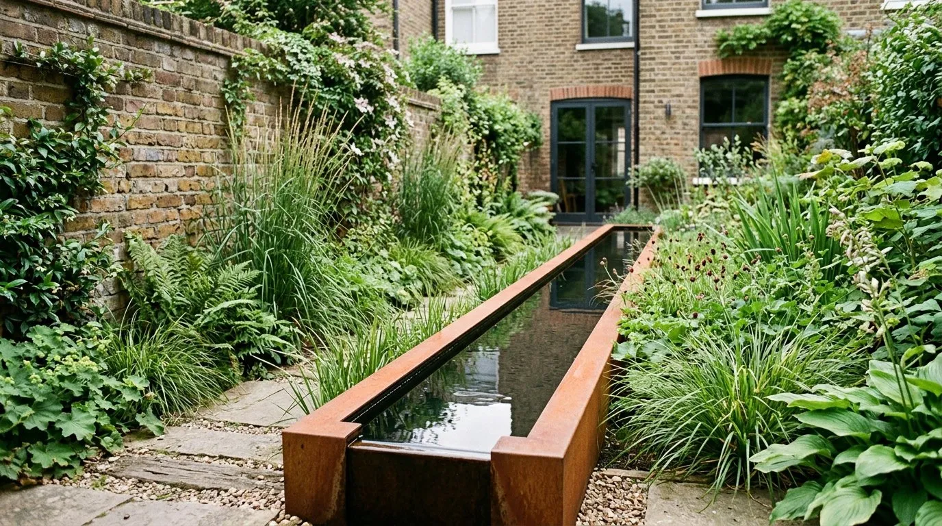 Corten steel water rill with a rust-orange finish running through a contemporary London townhouse garden