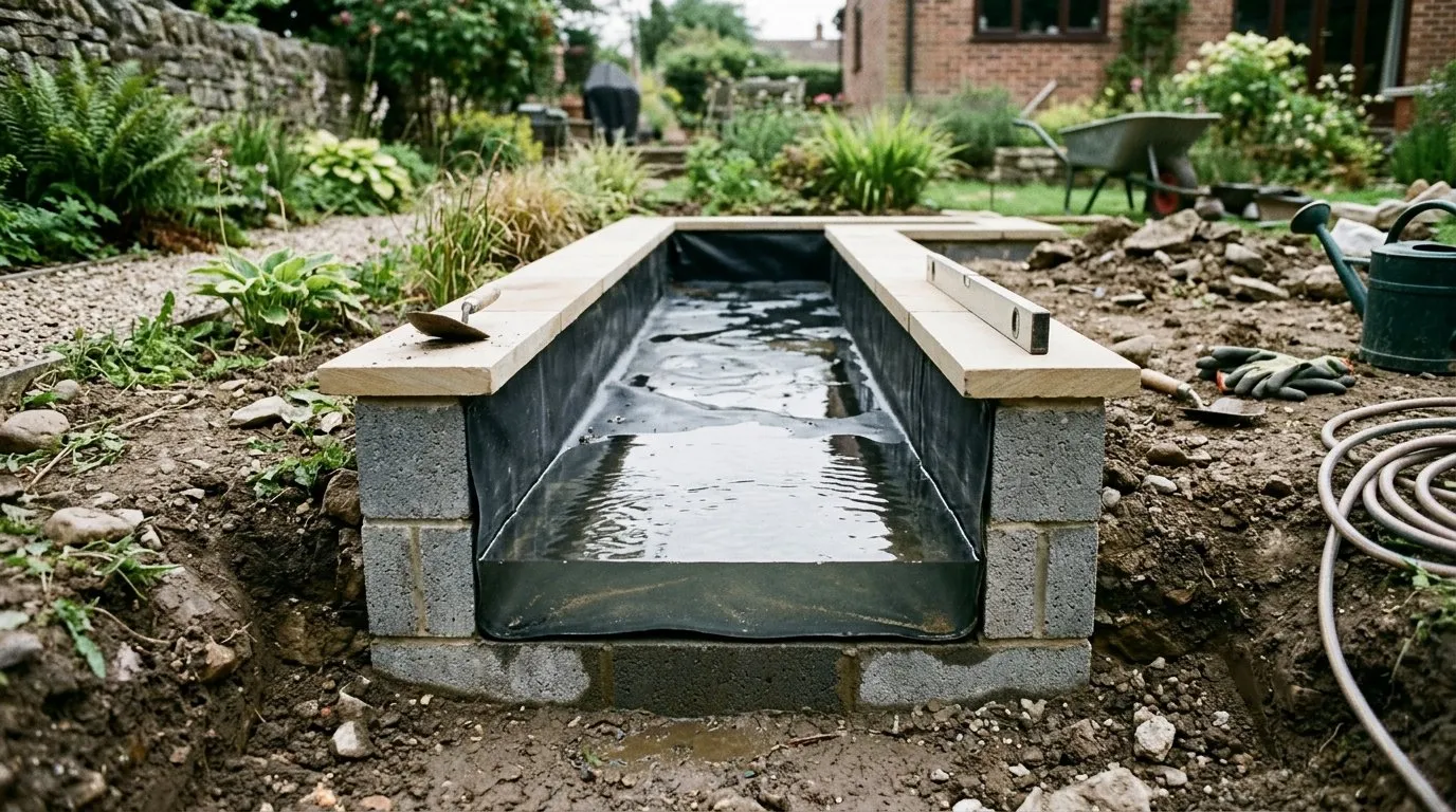 Technical cross-section of a garden rill build showing blockwork sides, butyl liner, water depth and the shallow channel profile
