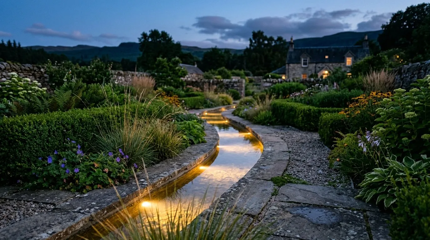 Garden rill lit at dusk with submerged LED lights reflecting along the water in a Scottish garden