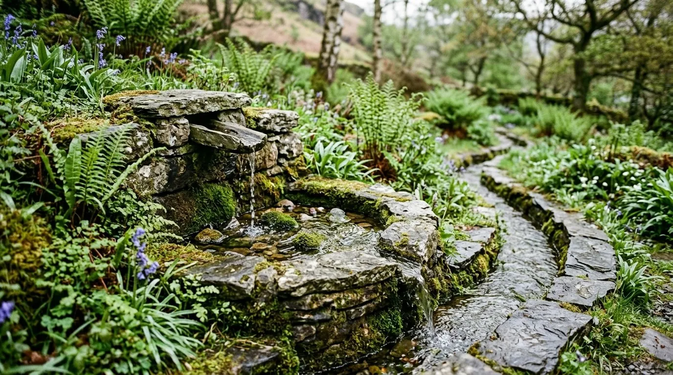Stone header pool and spout feeding a garden rill in a Lake District stone garden with water trickling from the source