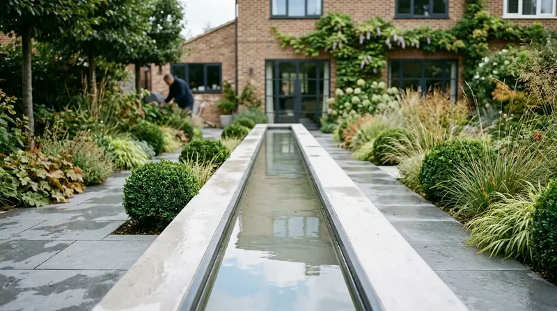 Straight rendered water rill running down the centre of a contemporary UK garden reflecting a grey-blue sky