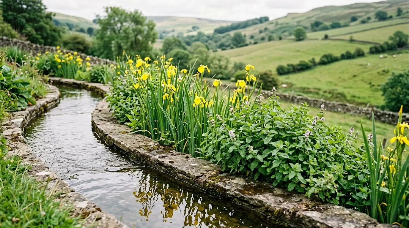 Marginal planting of Iris and water mint along the edge of a garden rill in a Welsh hillside garden