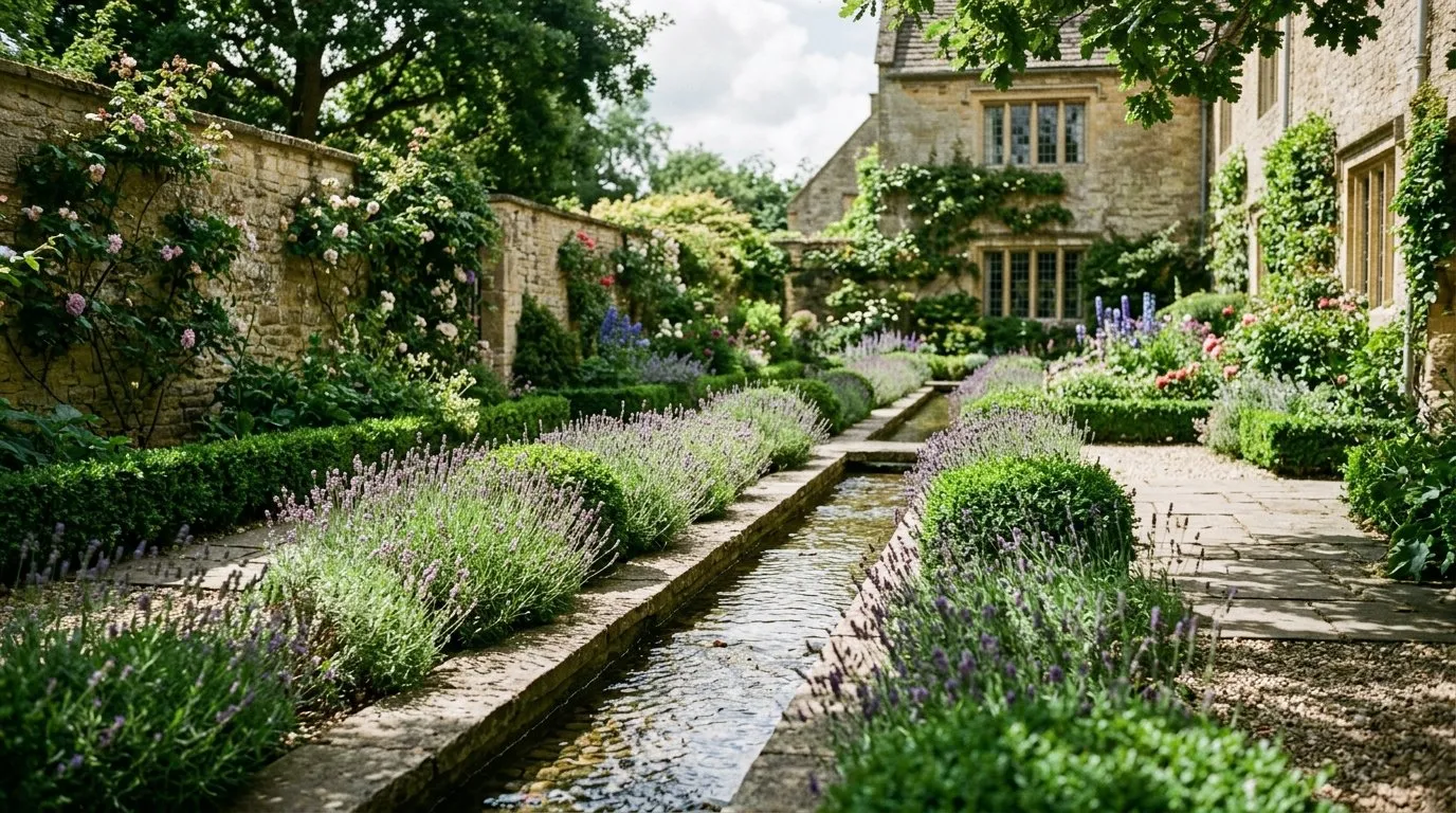 Stone water rill running through a Cotswold courtyard garden with clipped box and lavender along the edges
