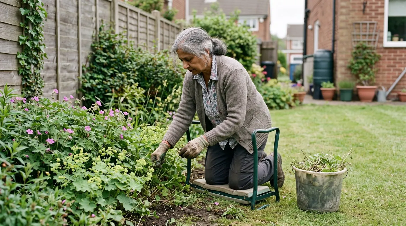 Older gardener kneeling on a padded kneeler with handles while weeding a flower border