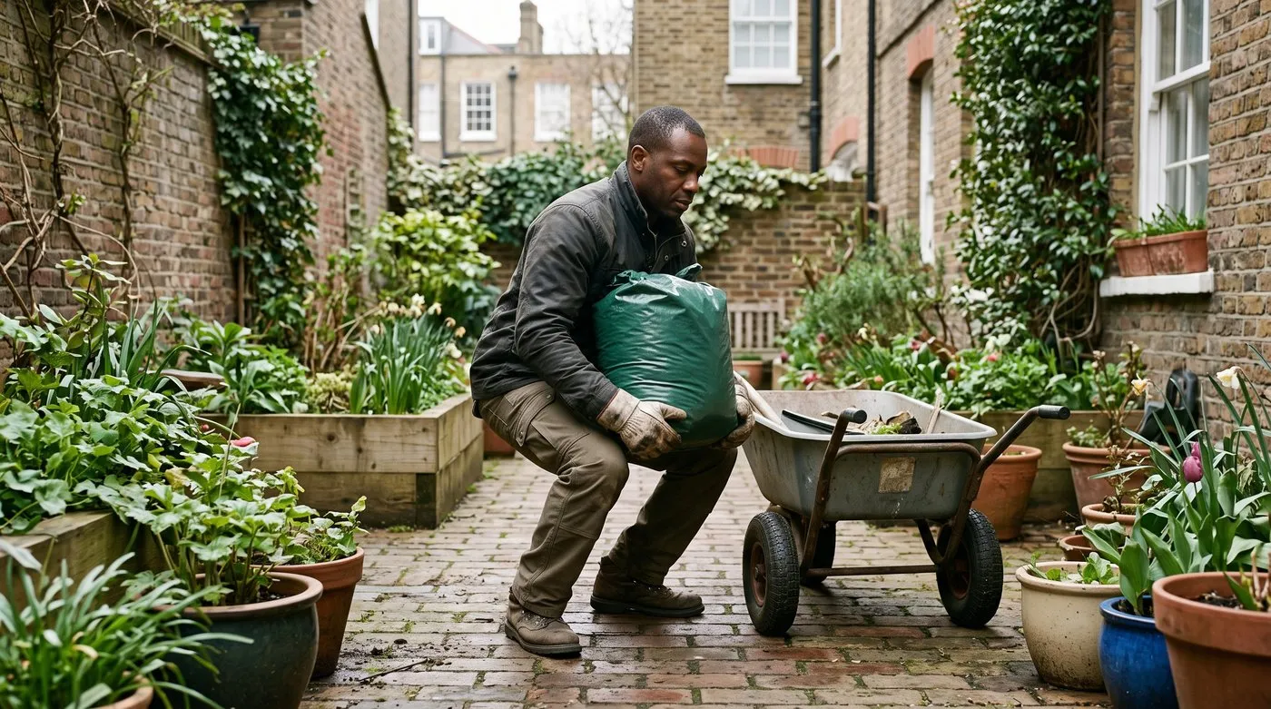 Gardener bending his knees to lift a compost bag close to his body beside a two-wheeled garden cart