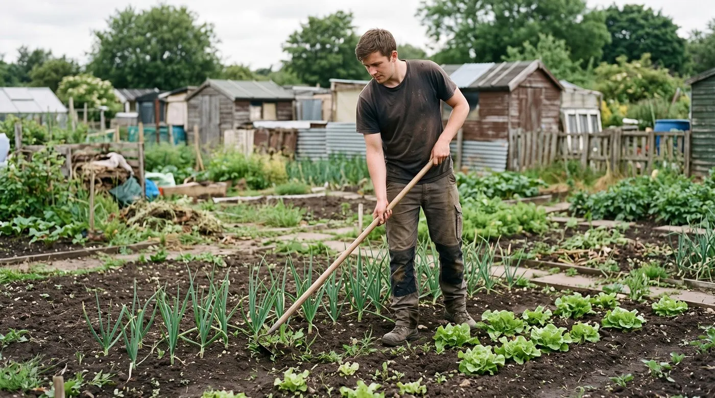 Gardener standing upright using a long-handled hoe between rows of onions and lettuces