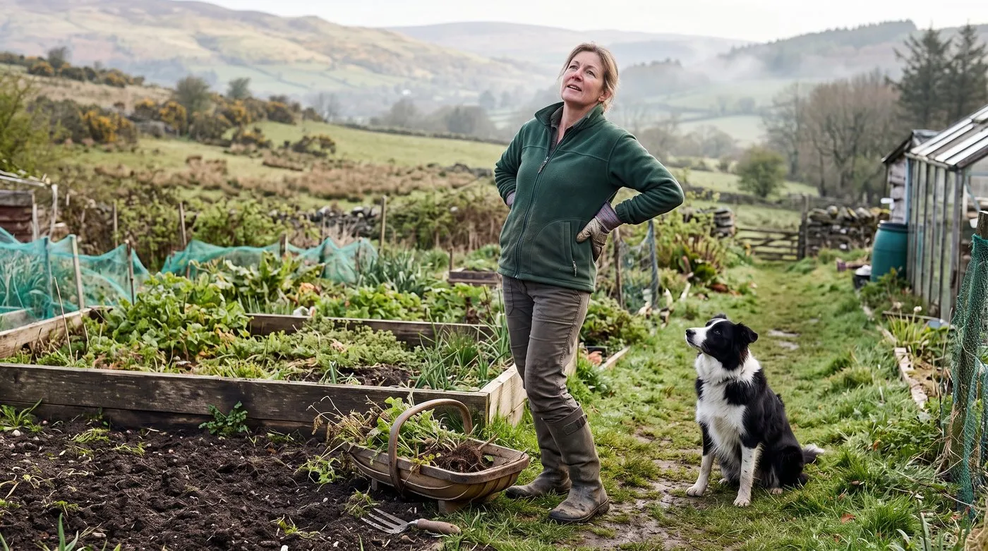 Gardener standing up to stretch her back between weeding jobs with a collie sitting beside her