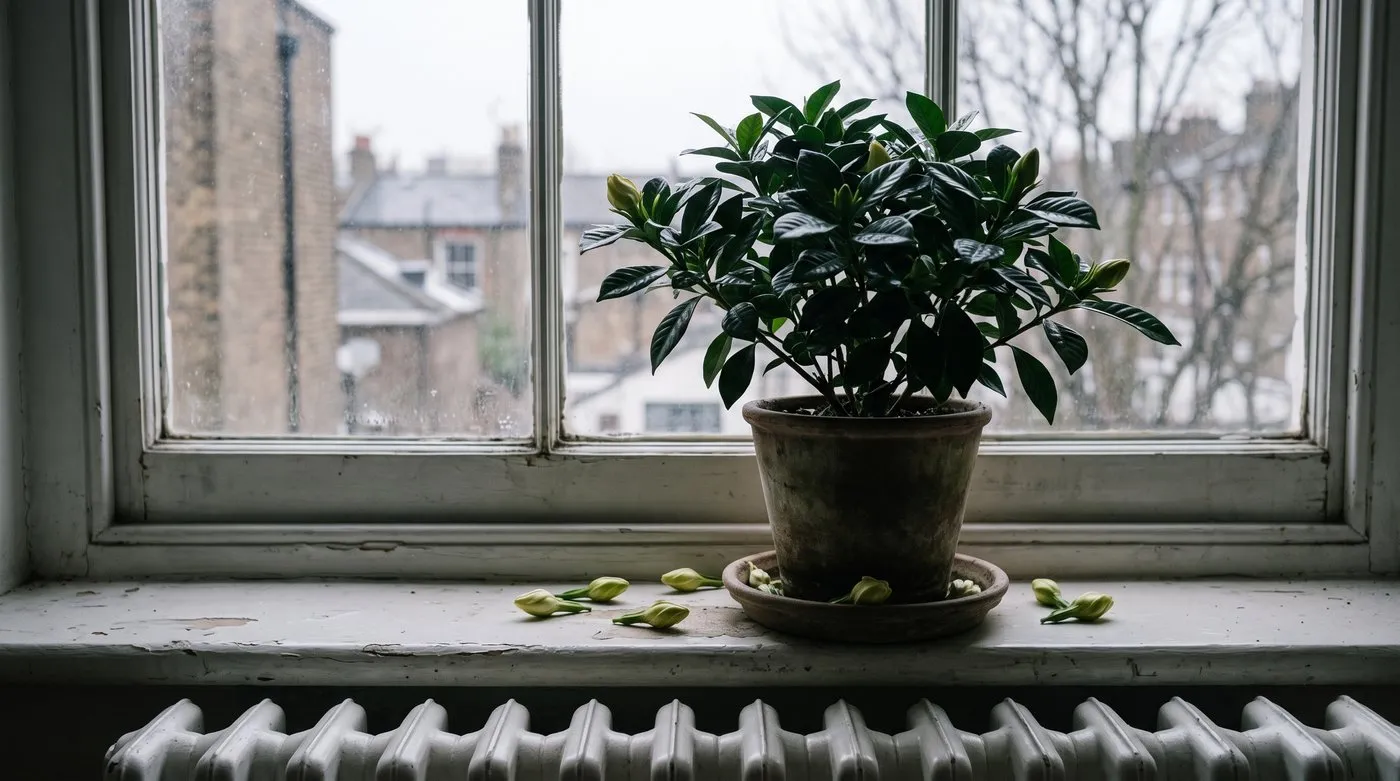 Gardenia on a windowsill above a radiator with fallen unopened buds on the sill