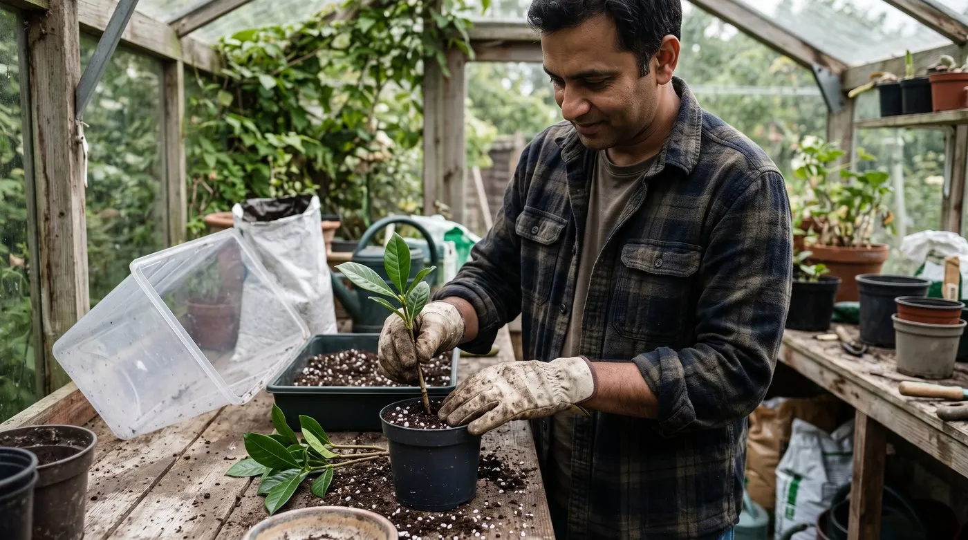 Gardener pushing gardenia cuttings into a pot of compost and perlite beside a propagator