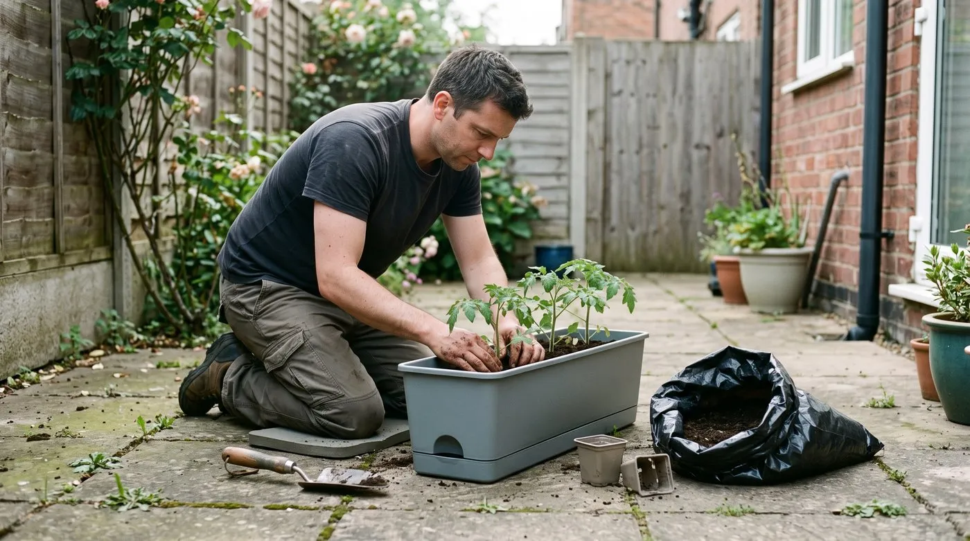 Man planting young tomato plants into a self-watering trough on a small paved patio