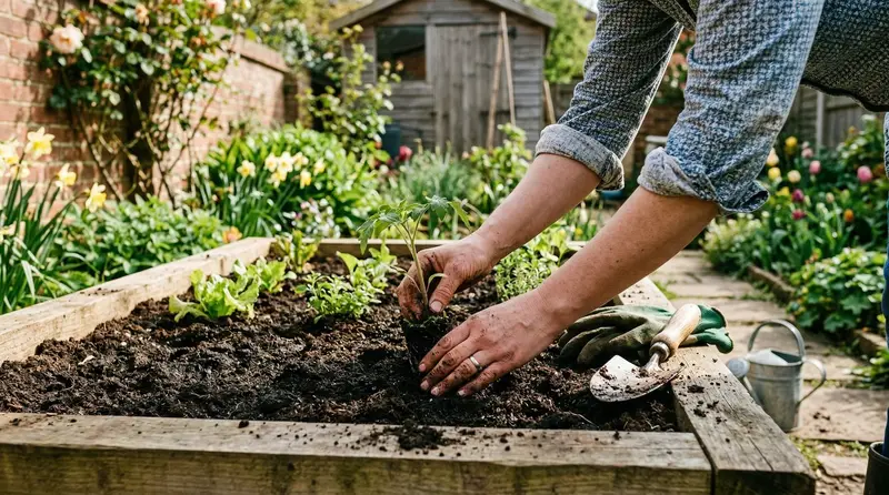 Beginner gardener planting seedlings in a raised bed in a UK back garden