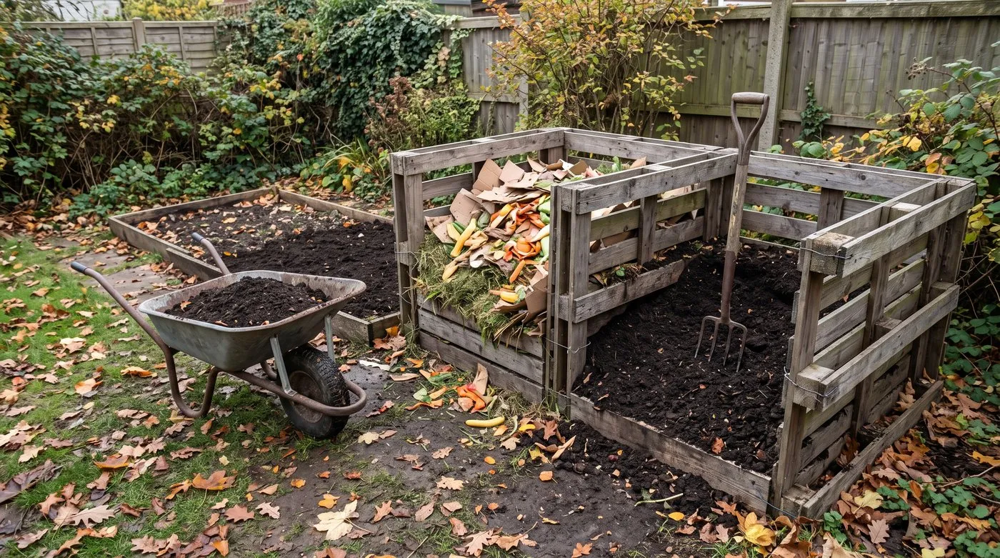 Two pallet compost bays with fresh scraps and dark finished compost ready to spread on an empty bed