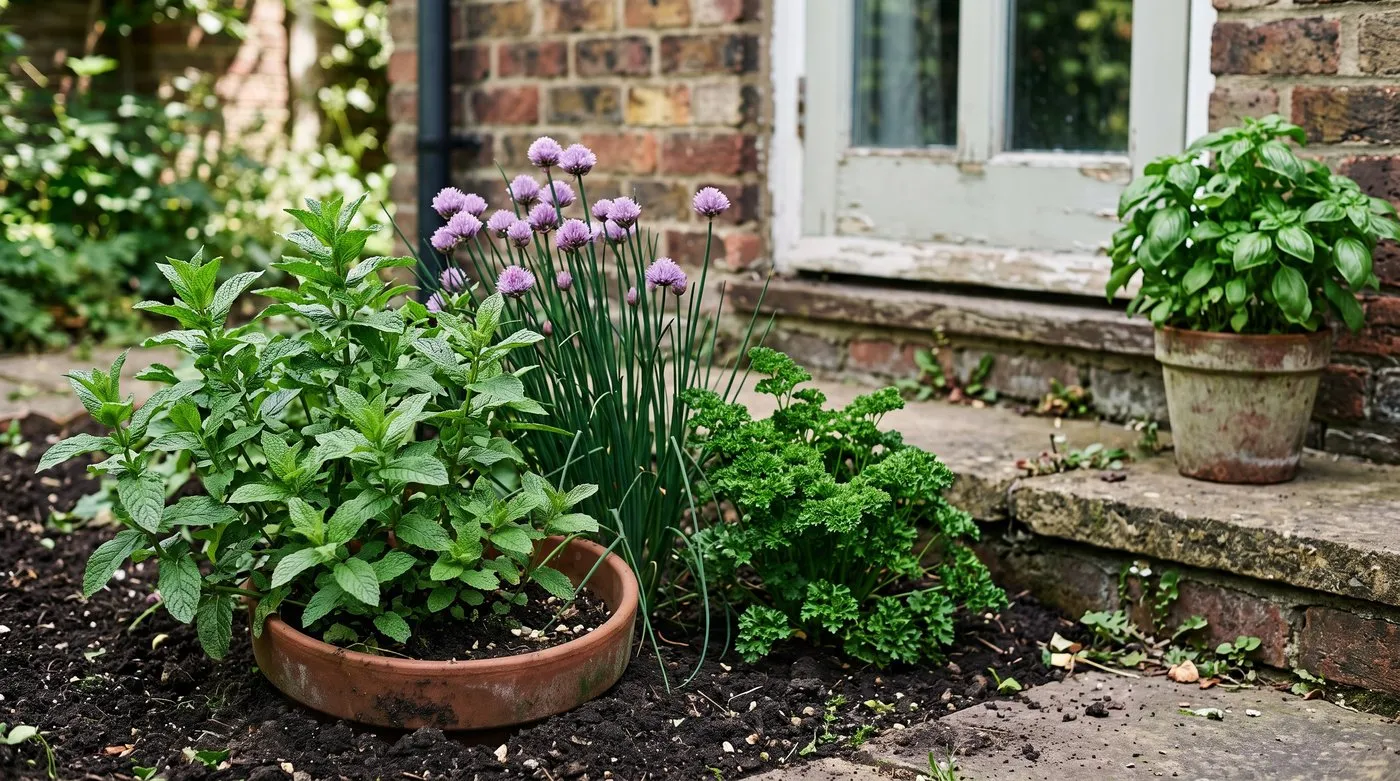 Mint growing in a pot sunk into a border with chives and parsley, a tip for beginner herb growers
