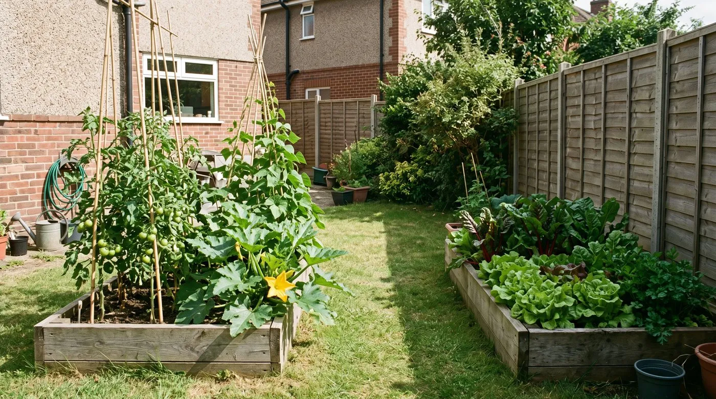 Beginner veg beds with tomatoes and courgettes in full sun and lettuce and chard in part shade