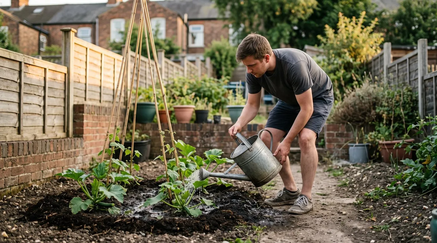 Young man watering the soil at the base of courgette and bean plants on a summer evening