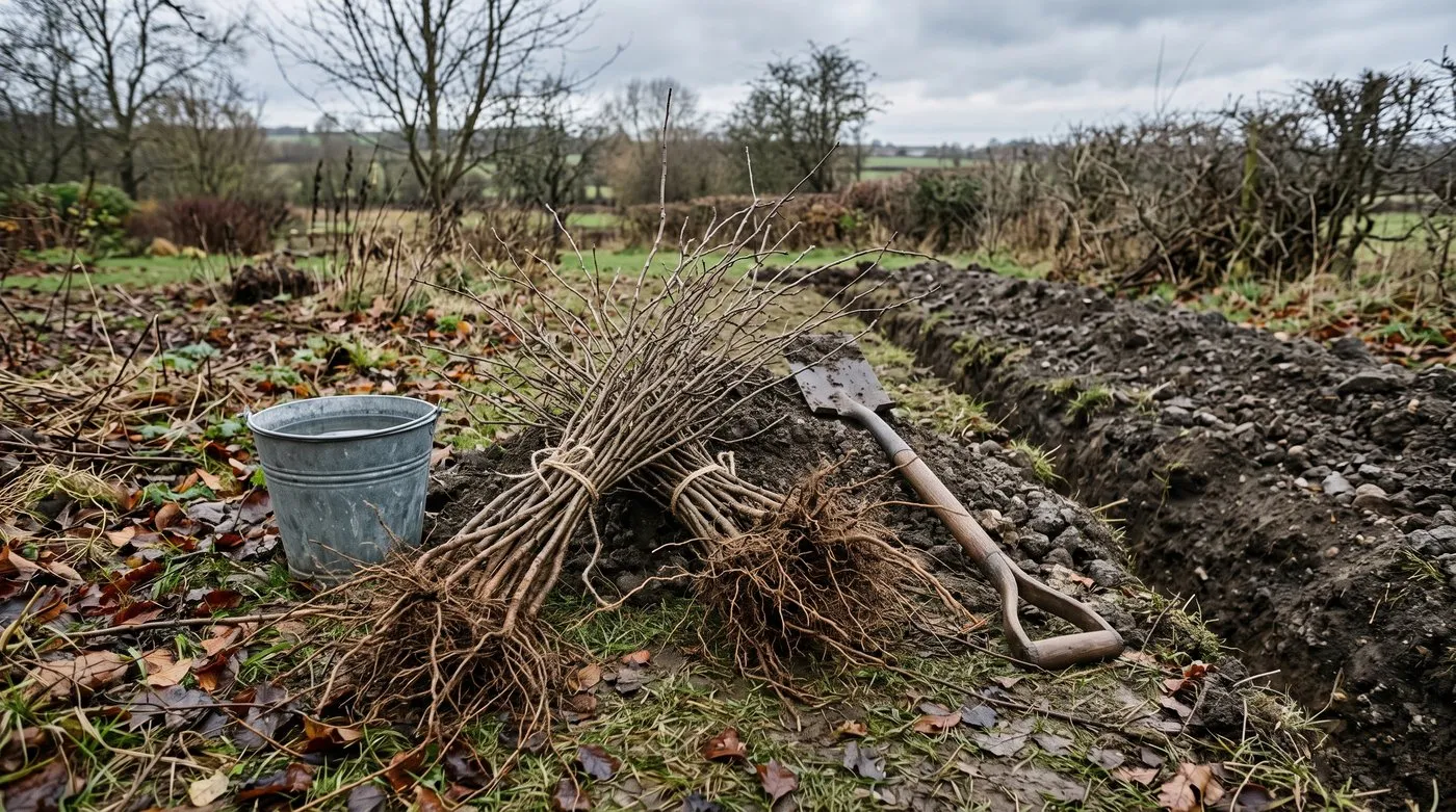 Bundle of bare-root hedging plants with exposed roots beside a bucket of water and a dug trench