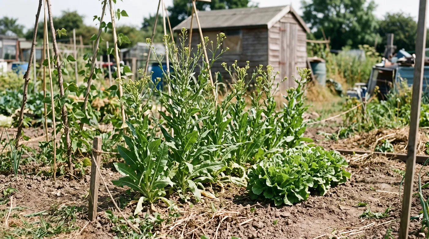 Bolted lettuces with tall flowering stems next to a compact leafy lettuce on an allotment
