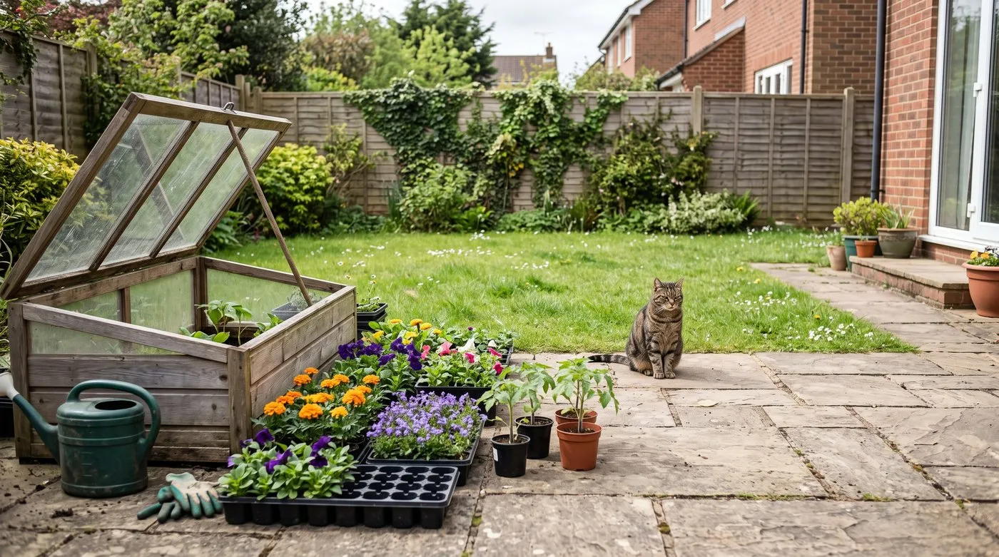 Trays of young plants set out on a patio beside a cold frame to harden off, with a cat nearby