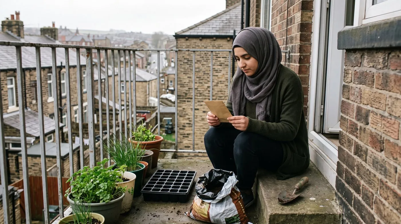 Young woman on a balcony reading the back of a seed packet beside an empty module tray and compost