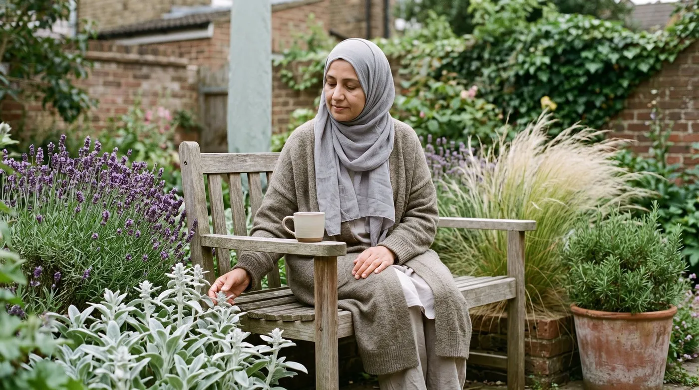 Woman in a hijab relaxing on a garden bench surrounded by lavender, lamb's ear and rustling grasses