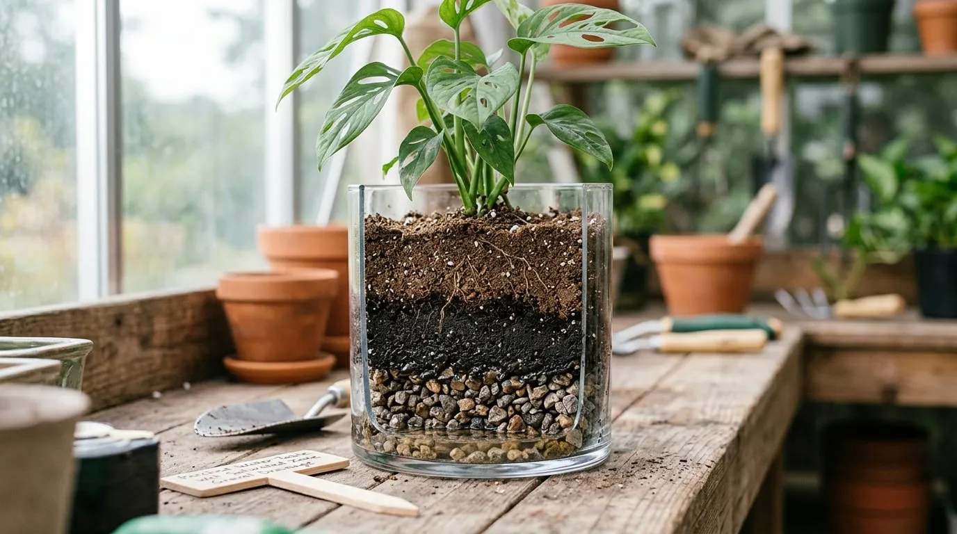 Plant pot with gravel layer at the bottom showing the perched water table concept
