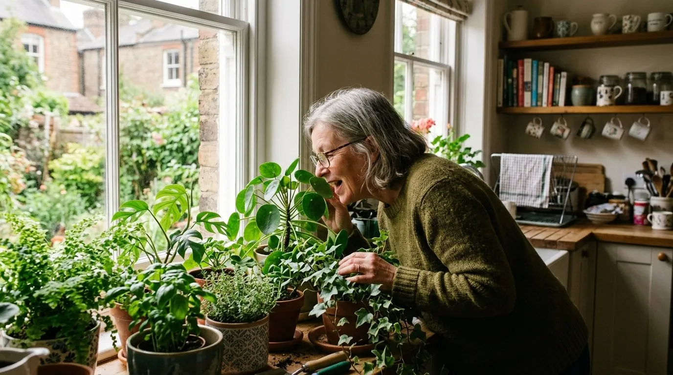 Person leaning close to houseplants on a windowsill in a British kitchen