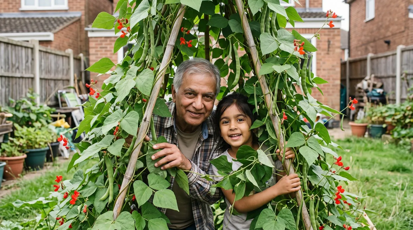 Grandfather and granddaughter inside a runner bean teepee covered in red flowers and hanging beans