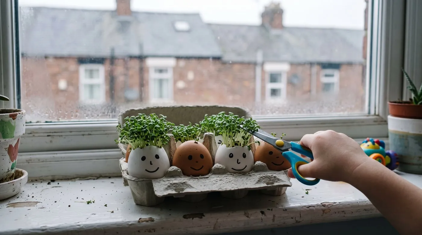 Eggshell cress heads with drawn faces and green cress hair in an egg box on a windowsill