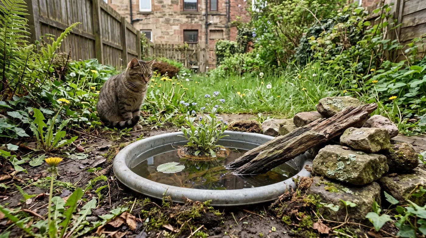 Washing-up bowl mini pond sunk into a border with water plants, stones and a log ramp