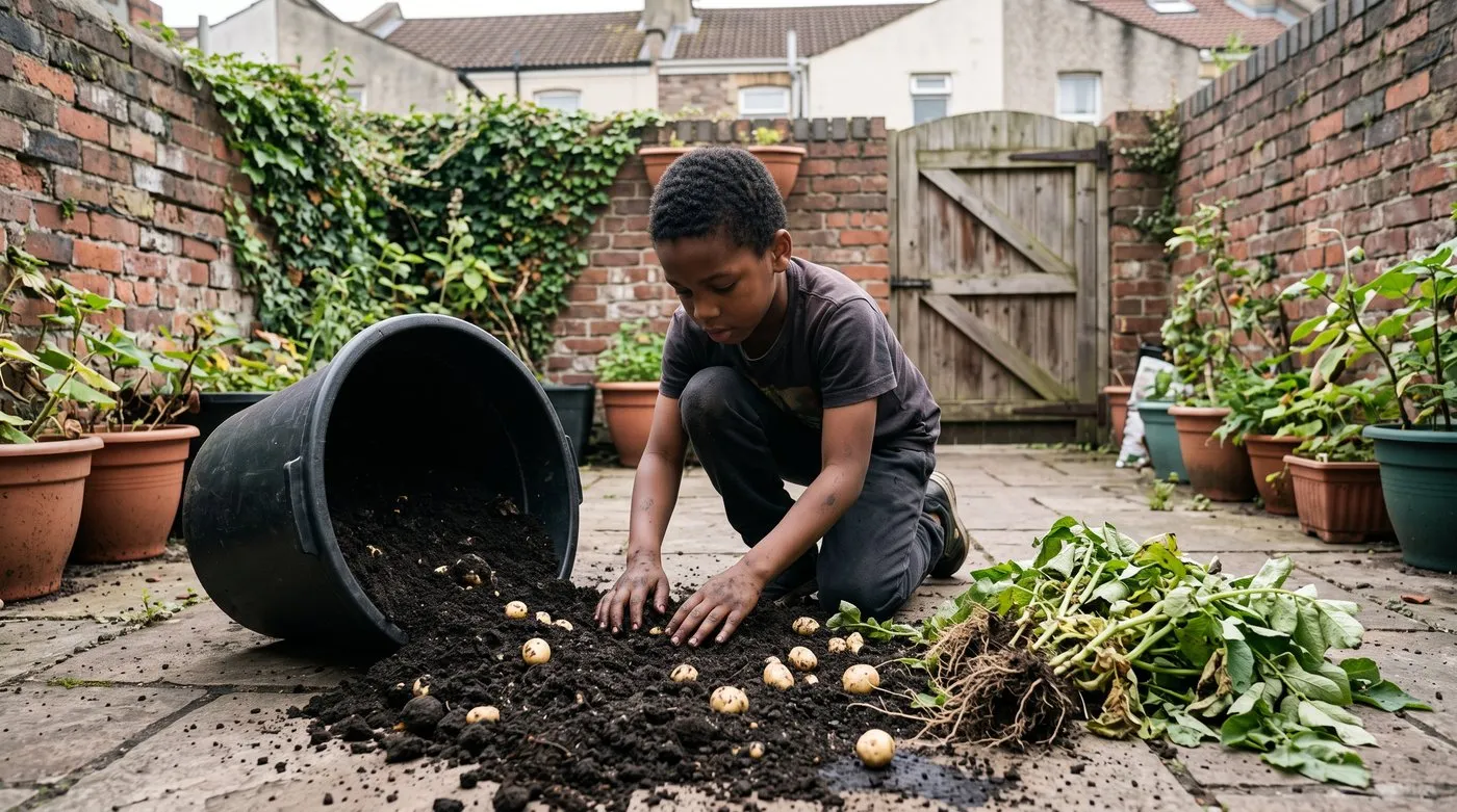 Boy finding new potatoes in compost tipped out of a large tub on a patio