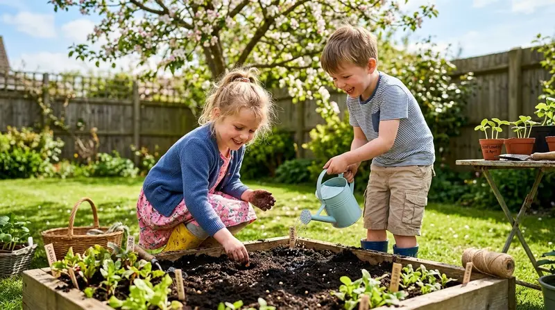 Children enjoying gardening projects for kids UK in a sunny garden with raised beds and sunflowers