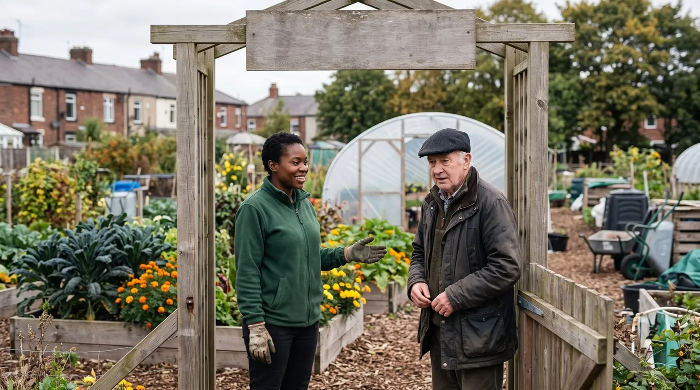 Community garden coordinator welcoming a newcomer at the gate of a garden with raised beds