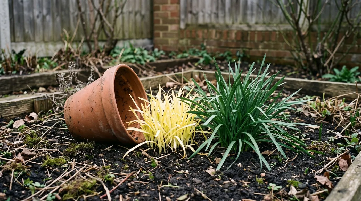 Pale yellow blanched garlic chives revealed under a lifted pot beside a green clump