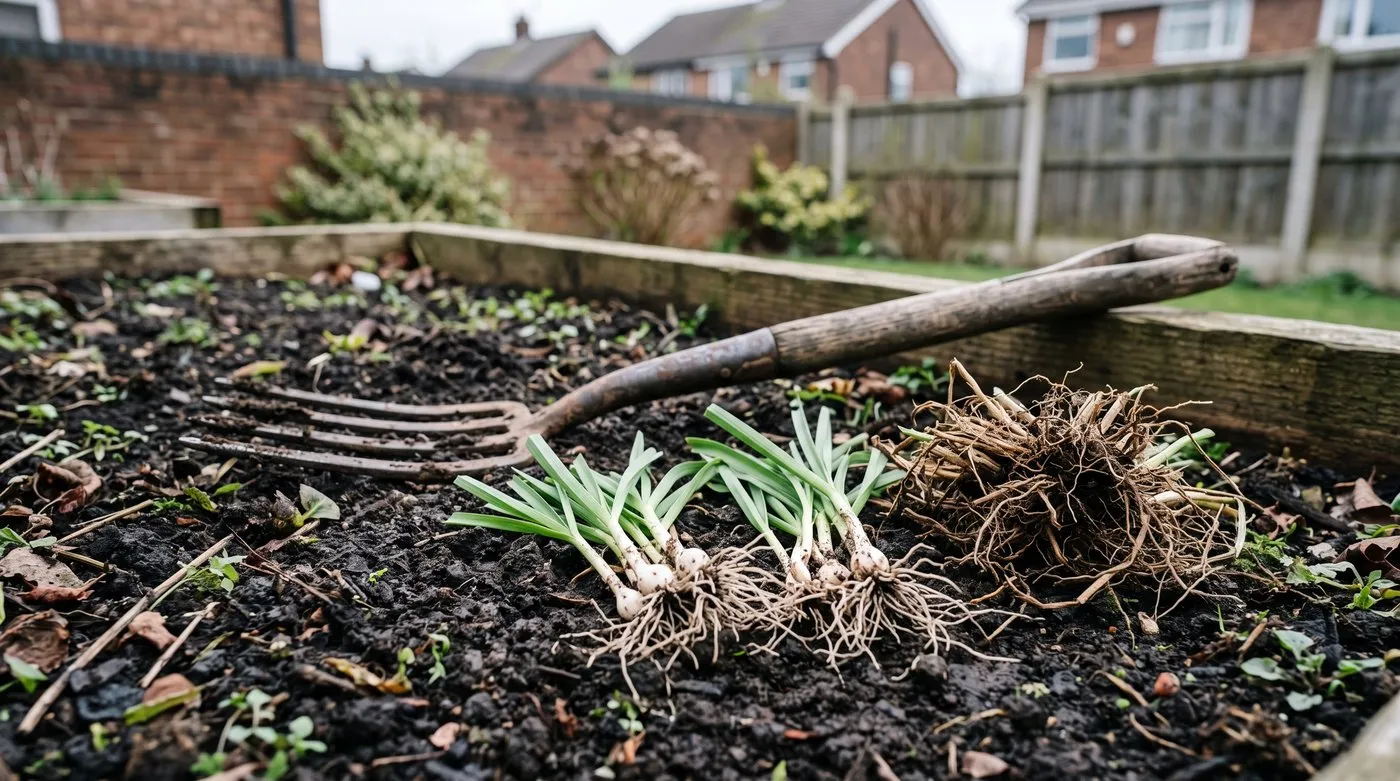 Garlic chive clump lifted and split into pieces of six to eight shoots, with the woody centre set aside