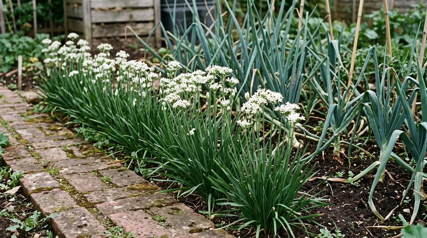 Garlic chives in white starry flower forming a neat edging along a brick path in late summer