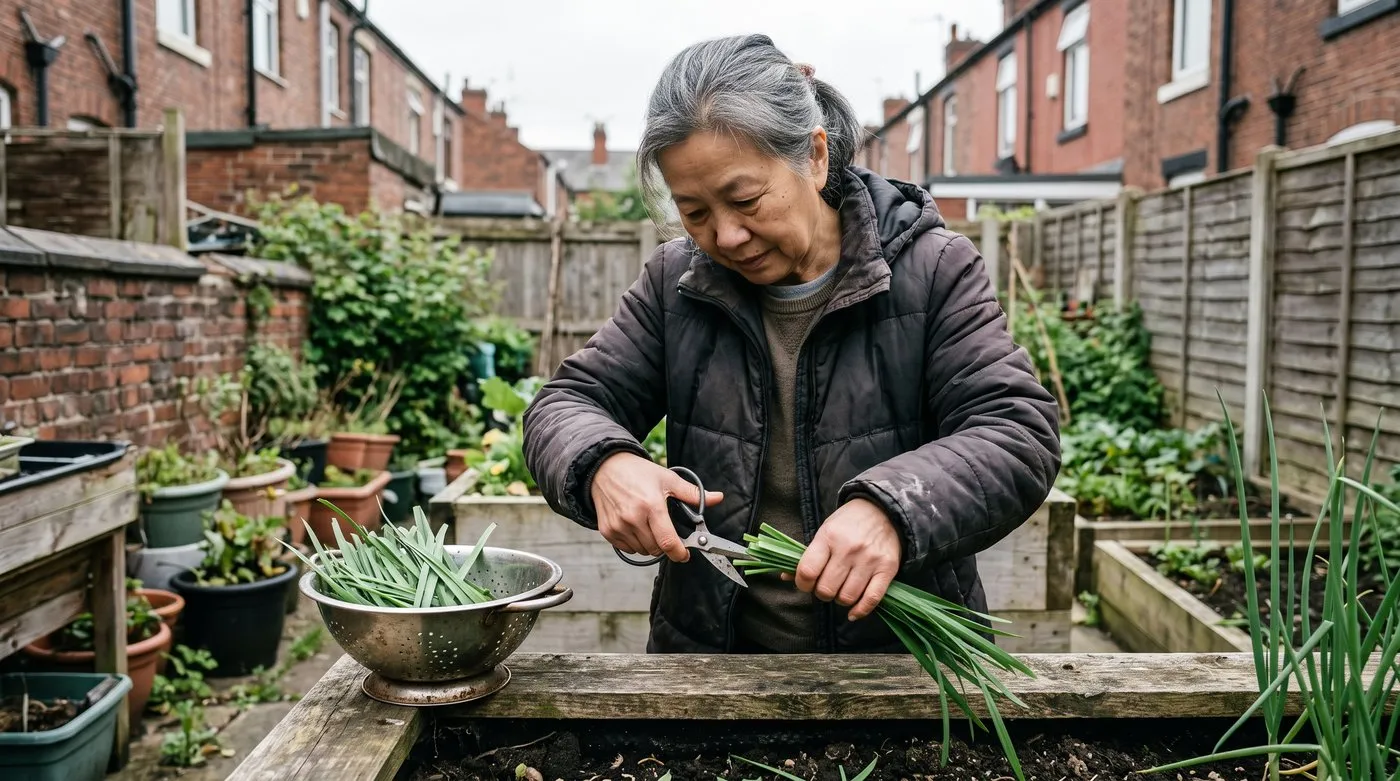 Older woman snipping garlic chive leaves with scissors from the outside of a clump