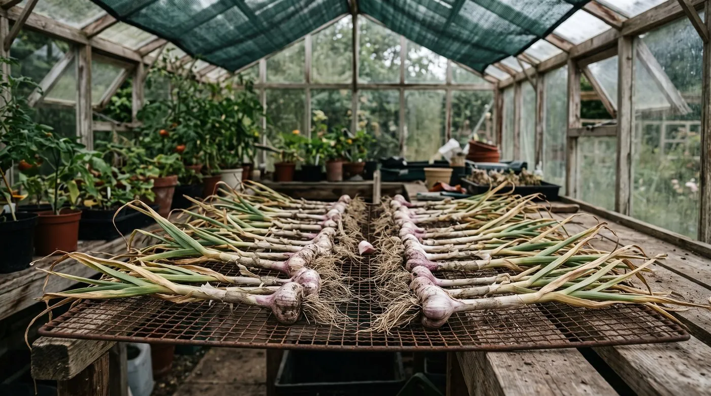 Freshly lifted garlic bulbs curing in a single layer on a wire rack in an airy greenhouse