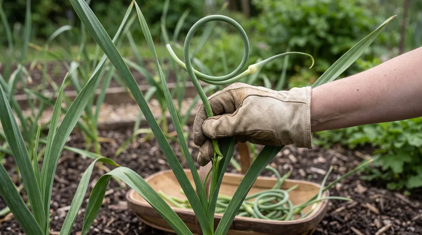 Gloved hand snapping off a curly hardneck garlic scape after it has made one full loop