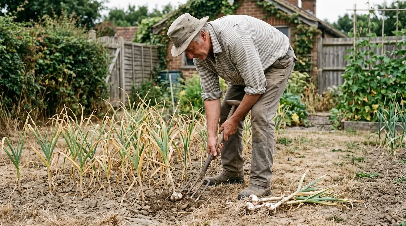 Man lifting garlic bulbs with a fork when the lower leaves have turned yellow in July