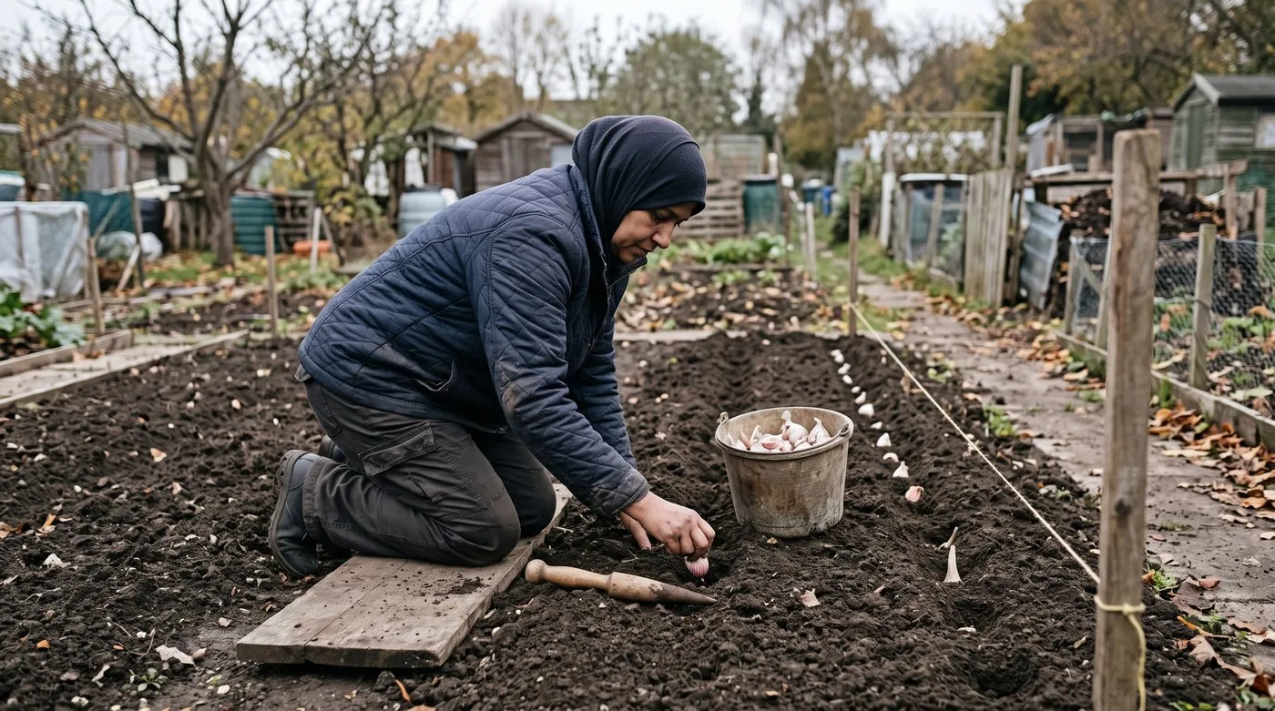 Woman planting garlic cloves pointy end up along a string line on an allotment in October