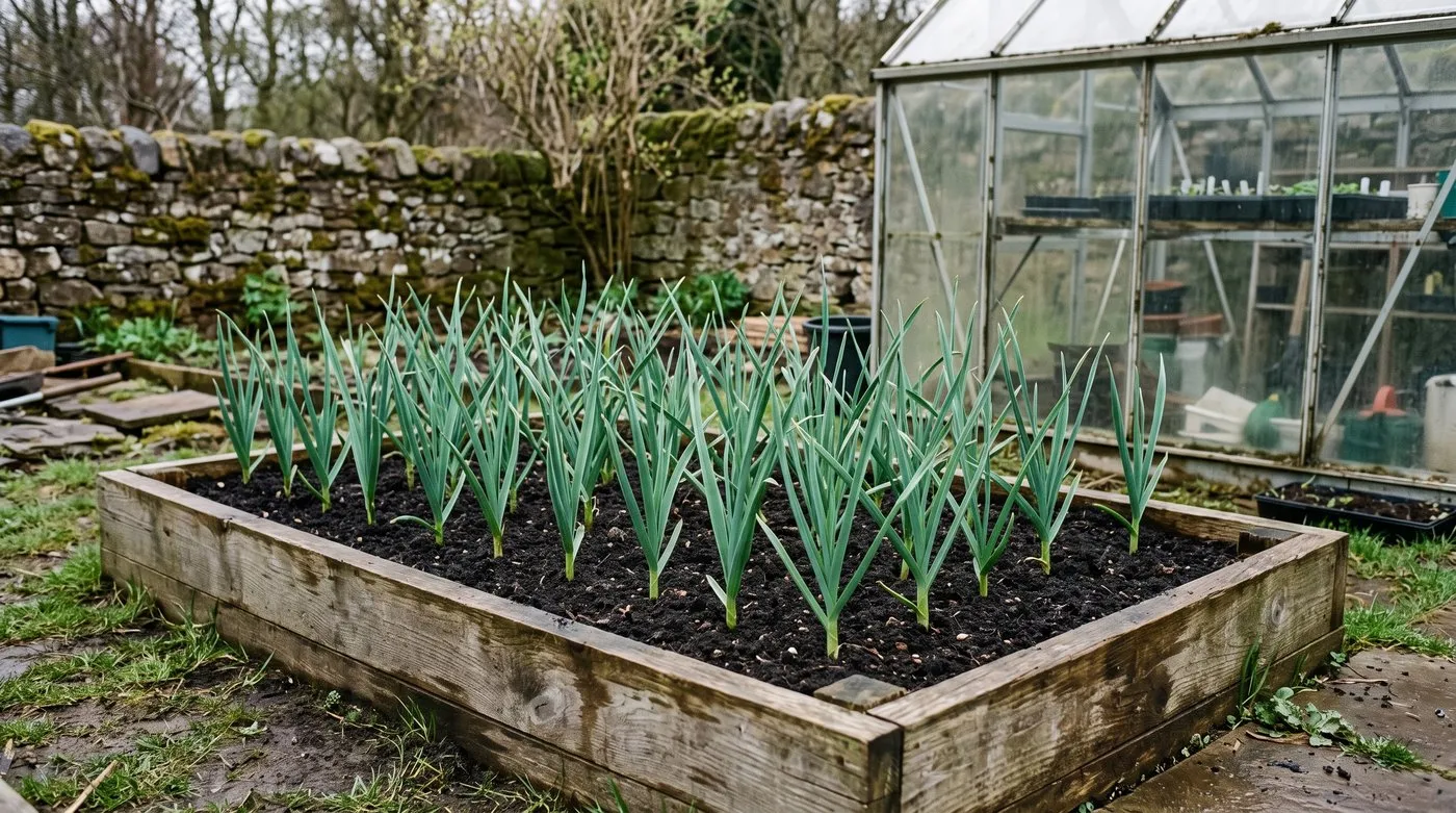 Rows of young garlic growing in a timber raised bed in spring